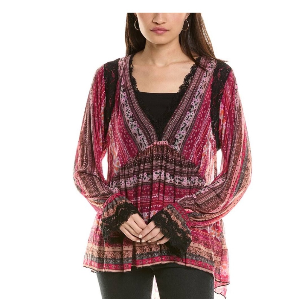 Free People Natalie Printed Long Sleeve Top in Plum Combo sz XS NWT $128R